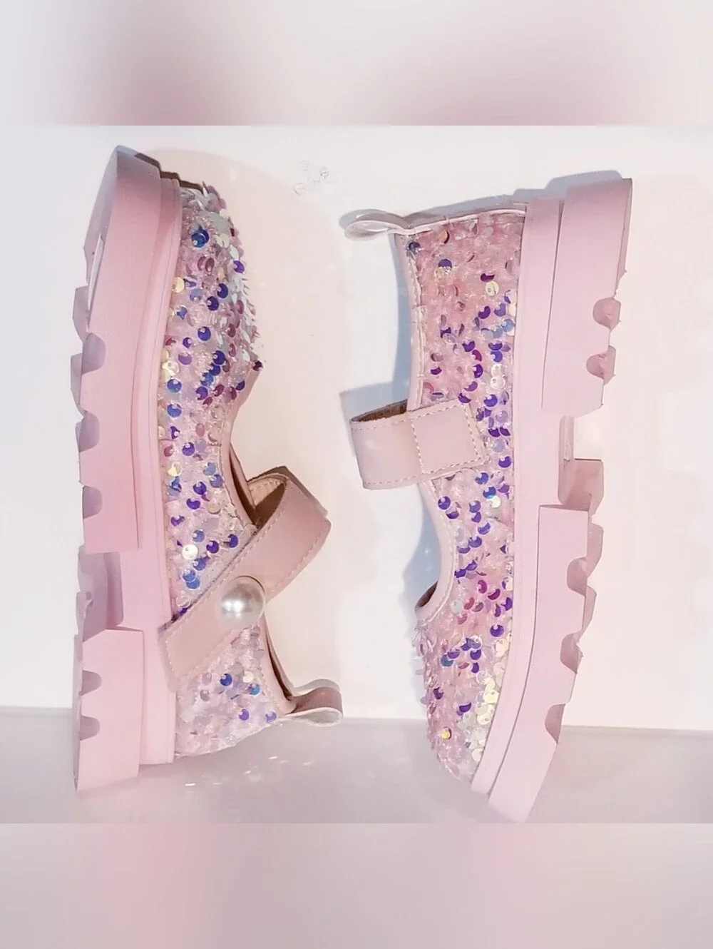 SHEIN Pink Sequin Strap Chunky Shoes